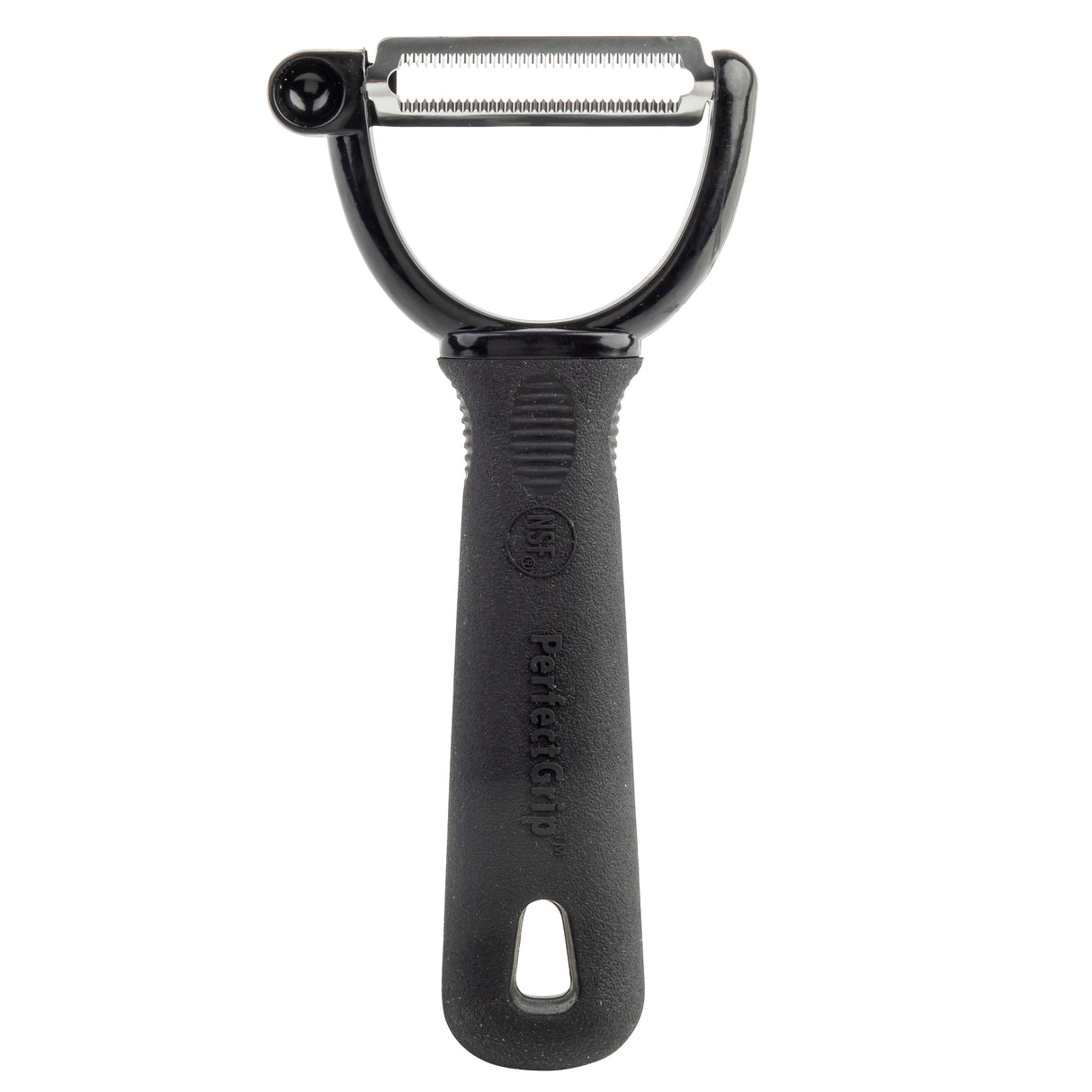 A black Y peeler with a textured, non-slip handle and a wide horizontal stainless steel blade at the top. The handle features "Refversgrip" embossed on it and a hole for hanging. Ideal for easy peeling, thanks to its ergonomic Y peeler design.