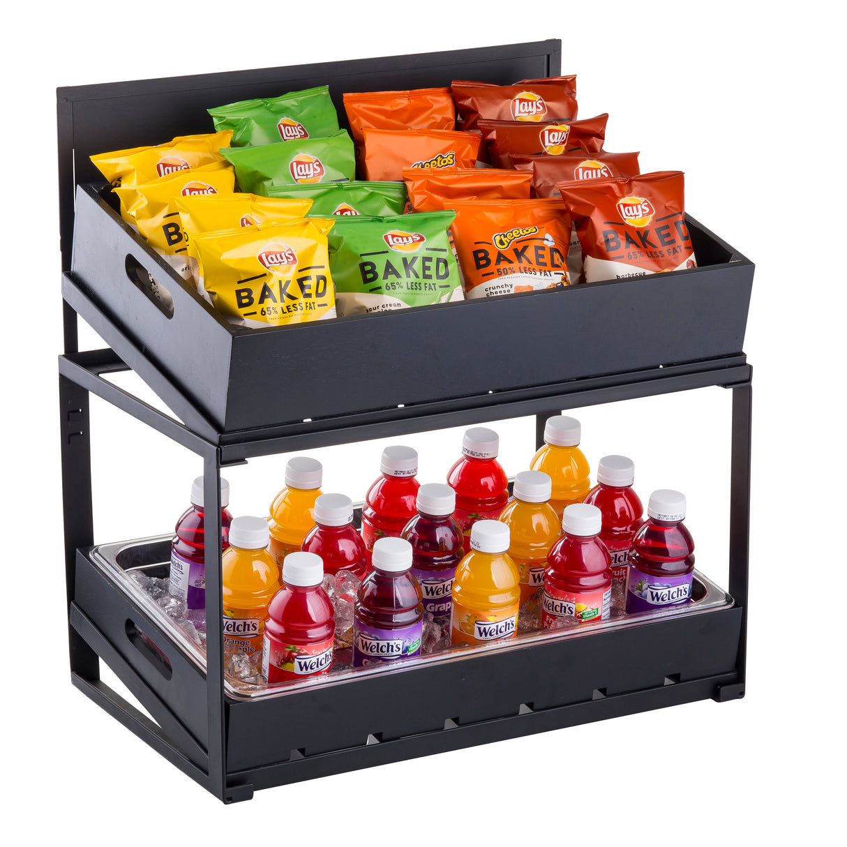 A black powder coated metal, two-tiered display rack holds assorted Lays Baked chips on the top shelf and rows of Welch’s fruit juice bottles below, all neatly organized; it features a removable chalkboard panel for easy labeling.