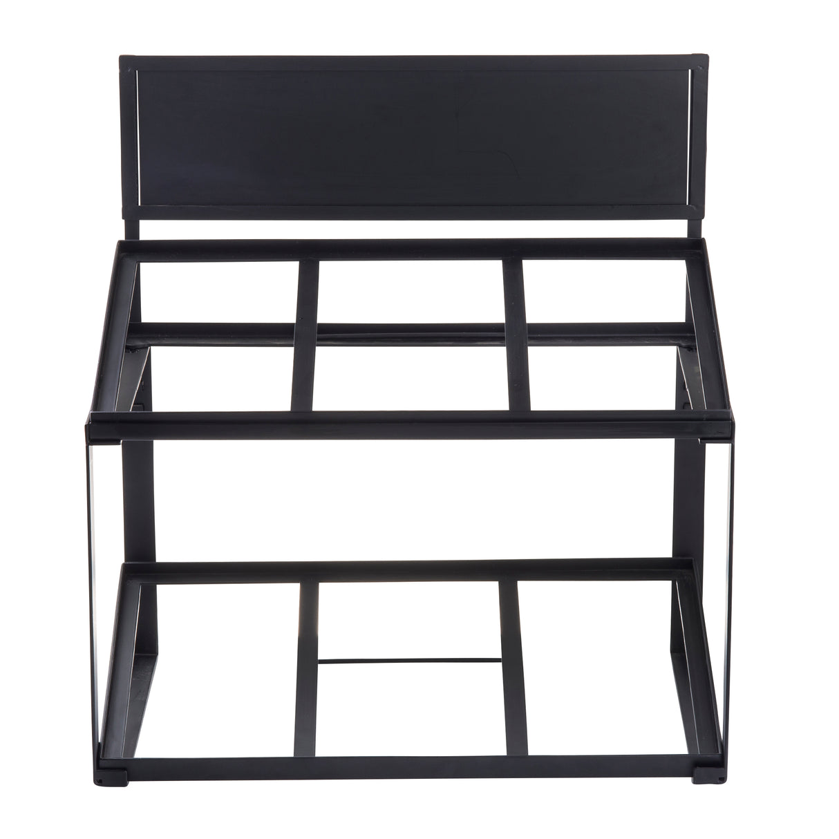 A black powder coated metal frame with an upright back panel and open rectangular sections. This minimalist tiered display stand, shown without shelves, is viewed from the front against a white background.