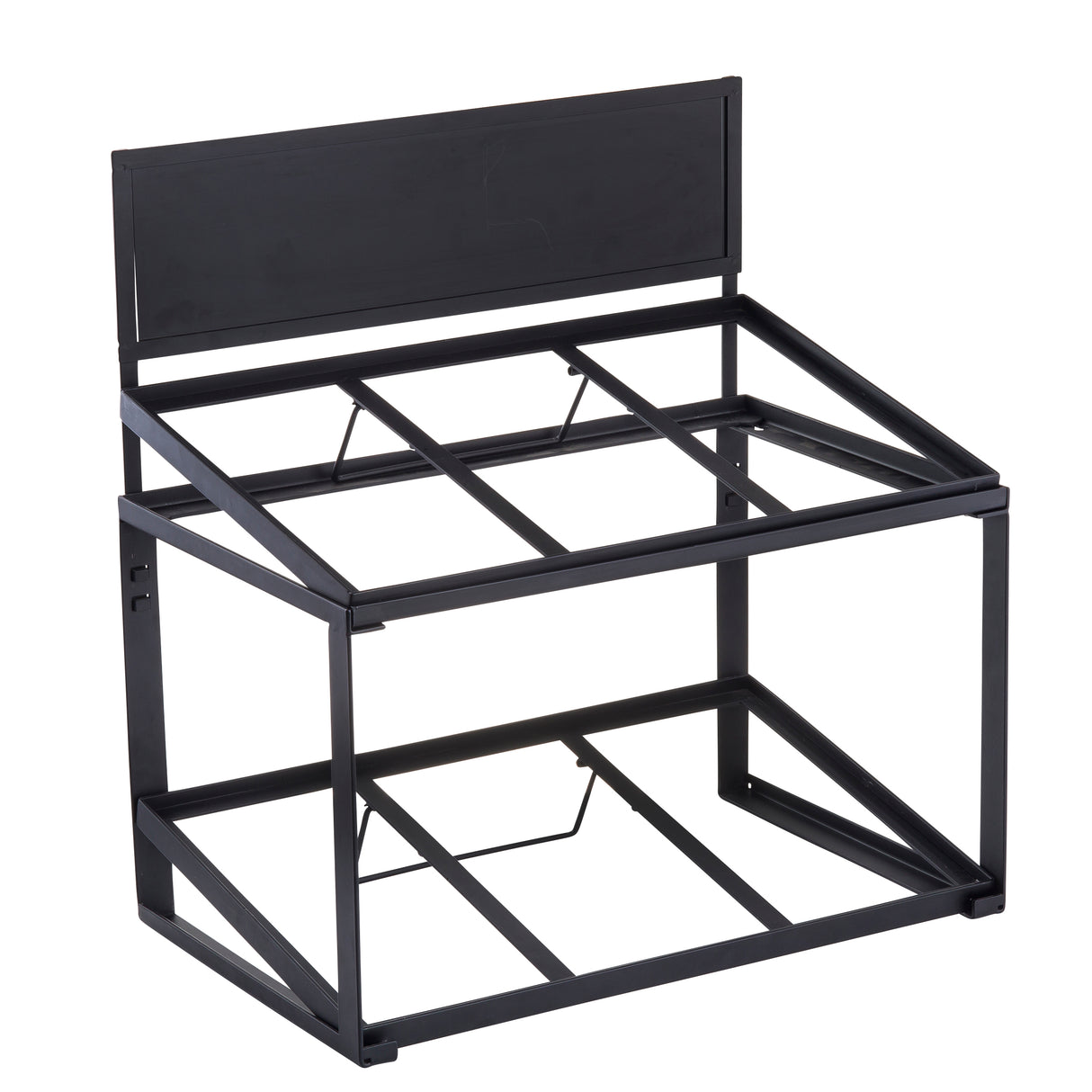 A black powder coated metal log rack with a rectangular base and slanted sides, designed for storing firewood. The back panel is solid, while the rest of the frame is open with horizontal and diagonal supports for stability. The structure is empty.