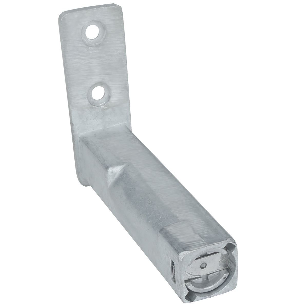 A metal bracket with a right-angle design; one flat end has two holes for mounting, while the other holds a round internal fitting. This part resembles Empura refrigeration parts and is likely made from galvanized steel with an unfinished surface.