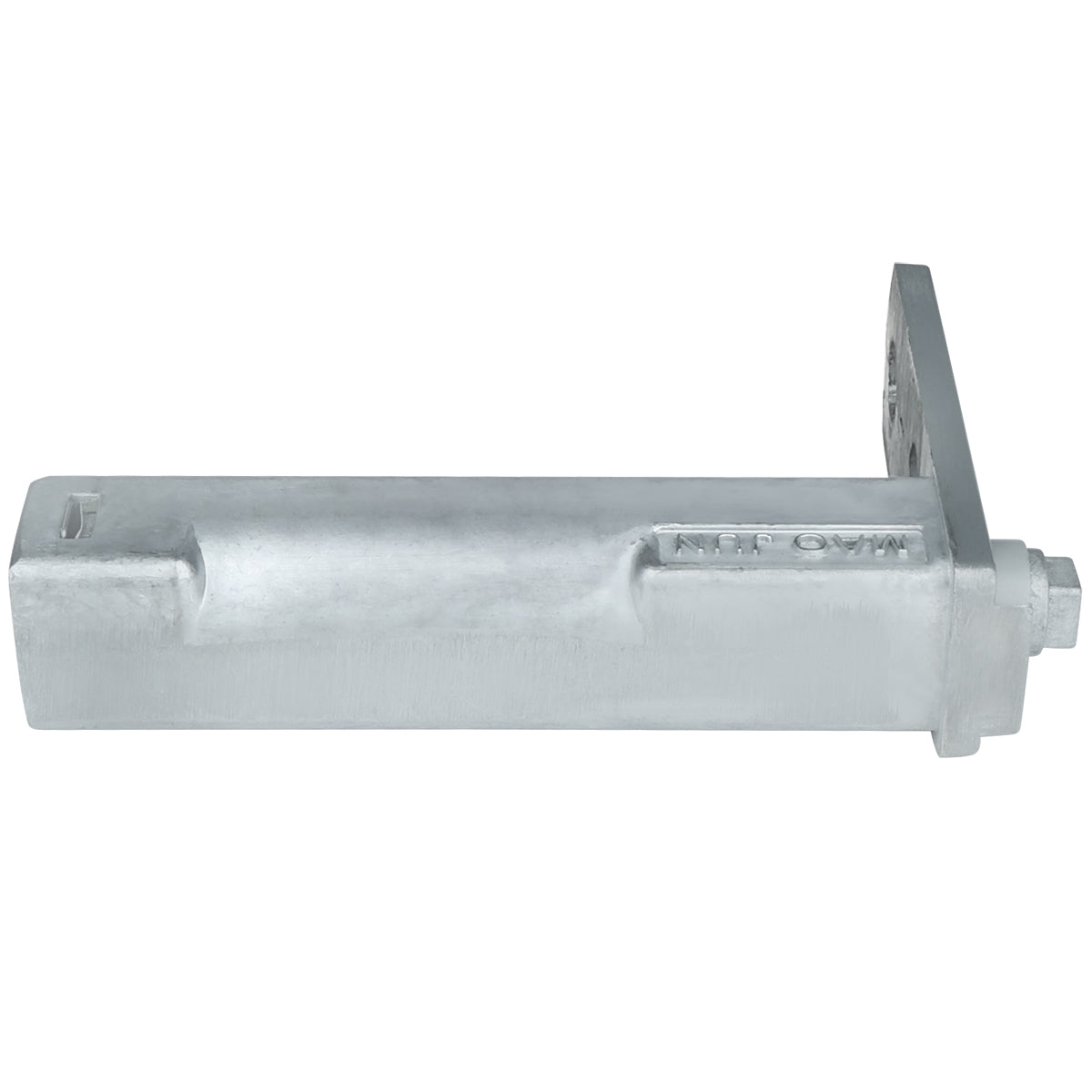 A metal rectangular device with a side bracket and a bolt at one end, designed as an Empura door spring hinge replacement. The bracket is perpendicular, has multiple mounting holes, and “HARD HINGE” is faintly embossed on its smooth metallic surface.