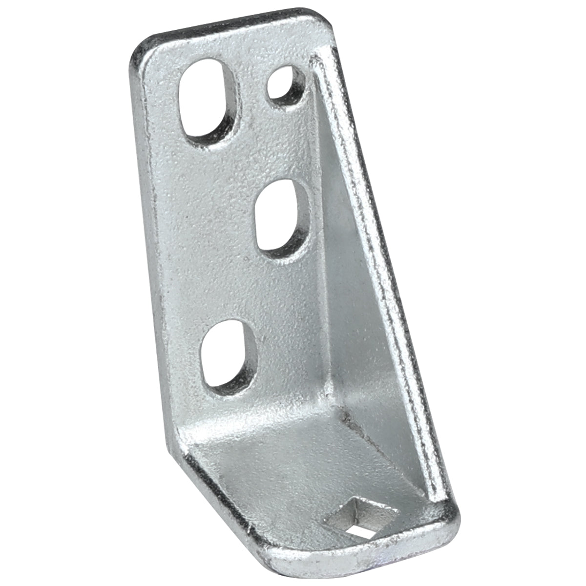 A silver metal L-shaped door hinge bracket with four oval holes on one side and a single square hole on the other, designed for connecting or supporting parts at a right angle. This Empura Parts item features a slightly textured, shiny finish.
