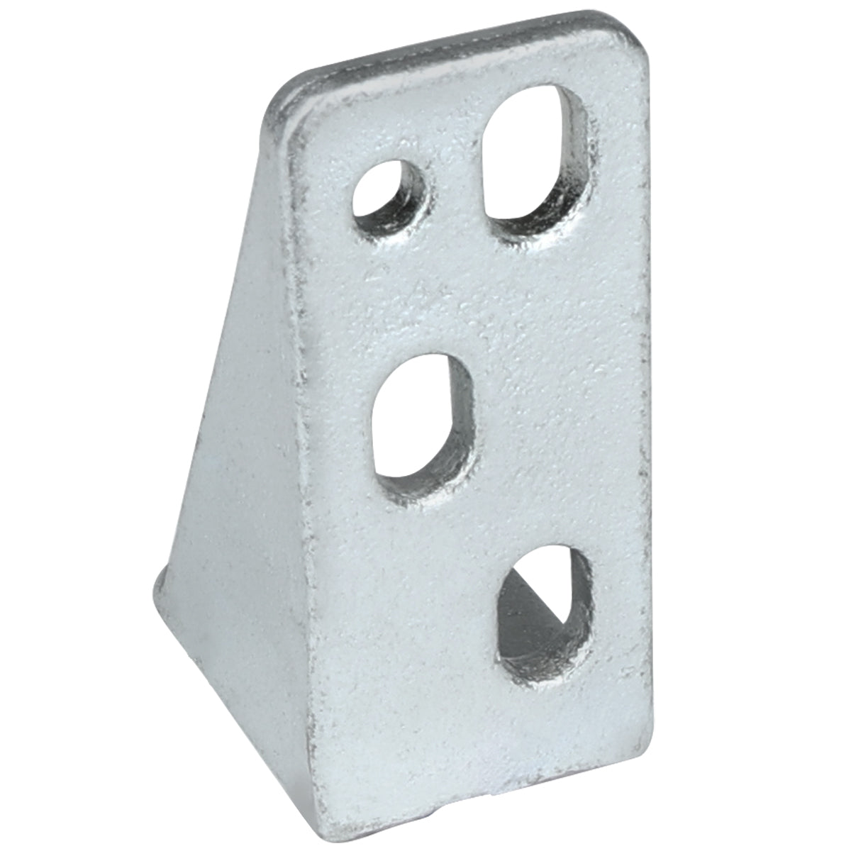 A silver, metal L-shaped door hinge bracket with four oval holes in two rows. Featuring a flat base and smooth vertical section, its designed for structural support or mounting in Empura Parts or Empura Refrigeration systems.