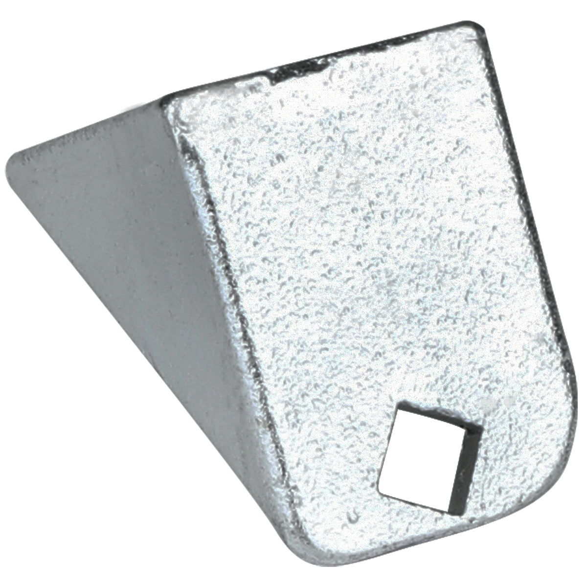 A small, metallic, wedge-shaped block with a rough-textured, silver surface—often used as a door hinge bracket in Empura Refrigeration units. The block features a square hole near one end, and its metallic finish catches the light.