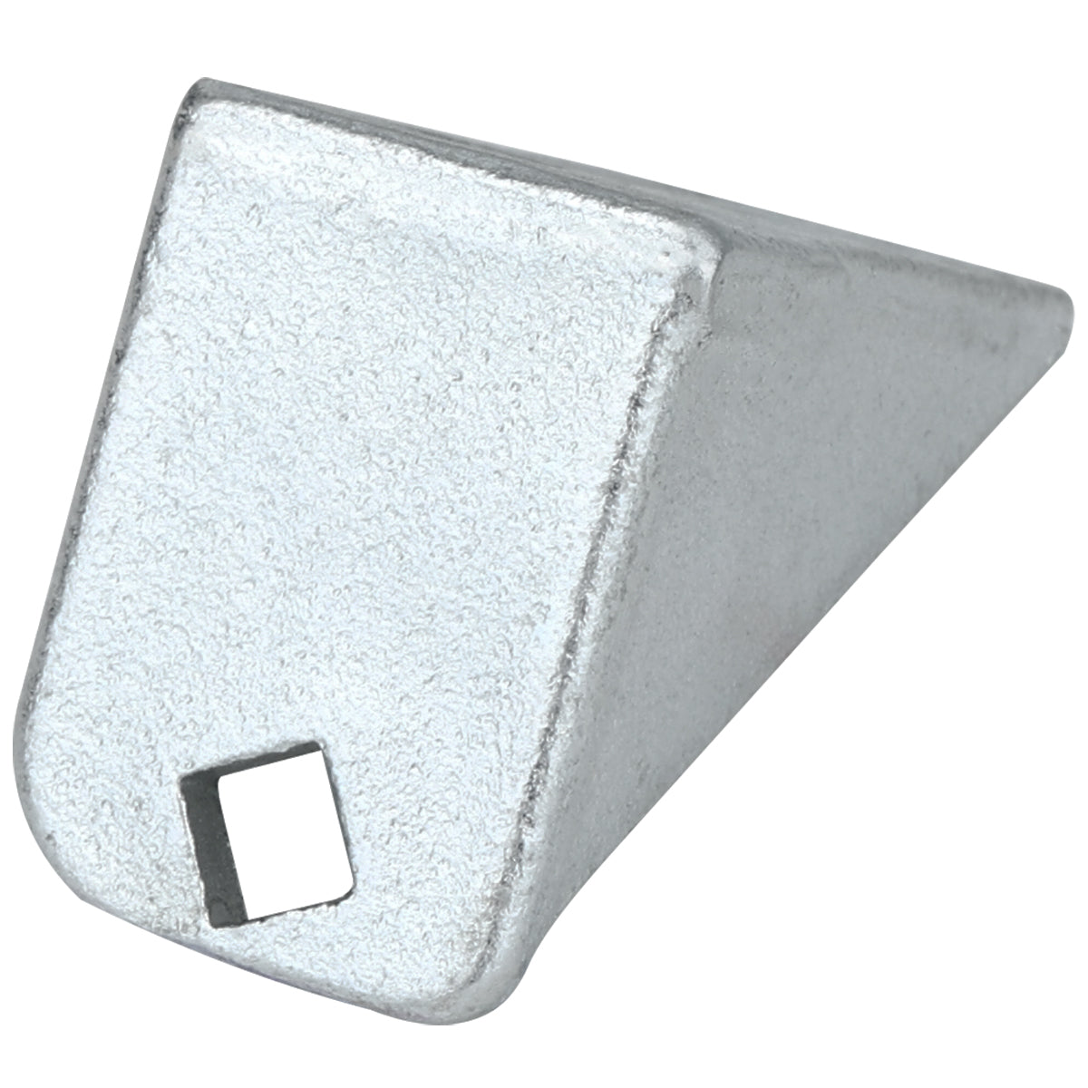 A silver, metallic, wedge-shaped object with a rough texture, this Empura Refrigeration Door Hinge Bracket (E-EGM-48FB) features a small square hole near the wider end and tapers to a point. It is displayed on a plain white background.