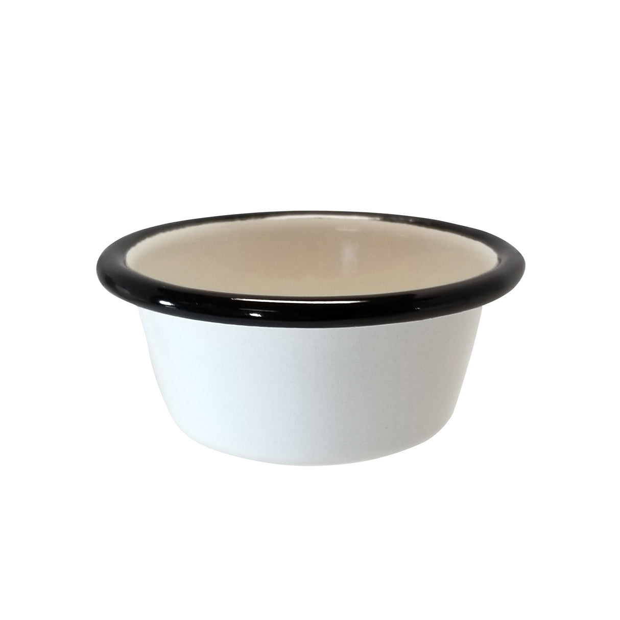 A small, round porcelain enamel bowl with a smooth cream interior and a black rim. This Enamelware ramekin from TableCraft features gently curved sides and sits on a flat surface against a plain white background.