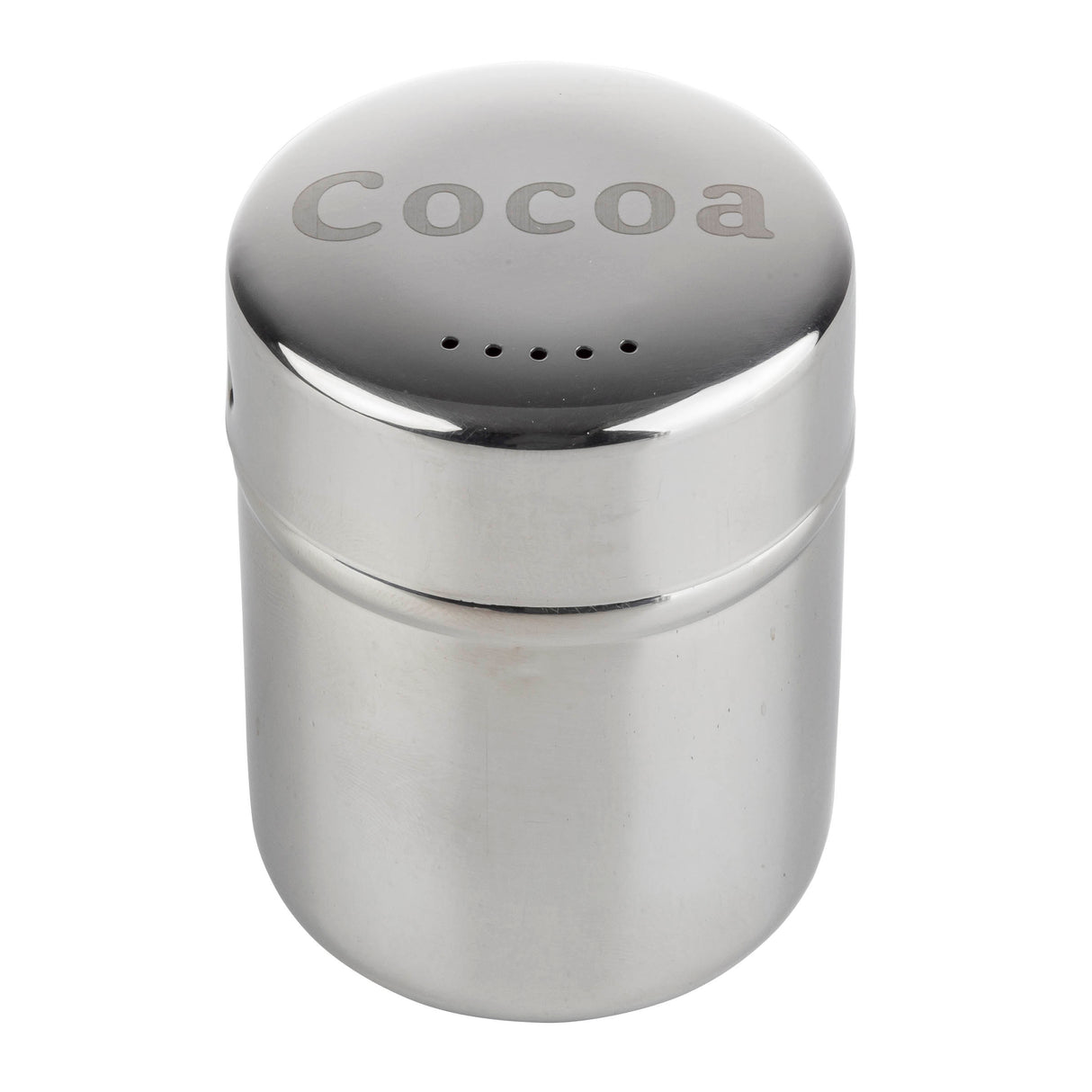 A stainless steel shaker with a smooth, cylindrical body and a rounded, shiny lid. The lid is engraved with "Cocoa" and has small holes for sprinkling powder. This shaker is dishwasher safe for easy cleaning.