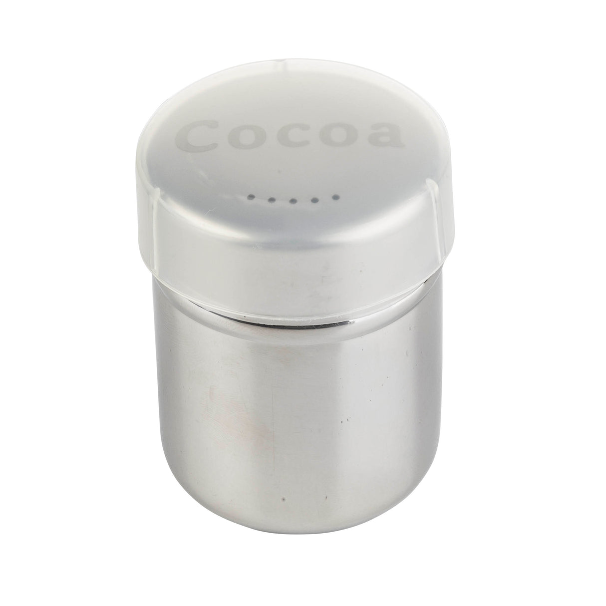 A dishwasher safe stainless steel shaker with a translucent plastic lid labeled Cocoa. The lid has small holes for sprinkling and fits snugly on the round, metallic container, which reflects light from its smooth surface. The background is plain white.
