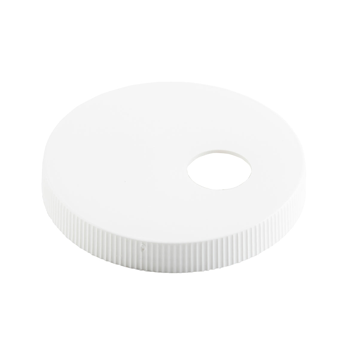 A round, flat, white plastic Condiment Pump Cap lid with textured edges and a single circular hole near one side. The smooth surface and plain background make this dishwasher safe TableCraft Products lid the focal point of the image.