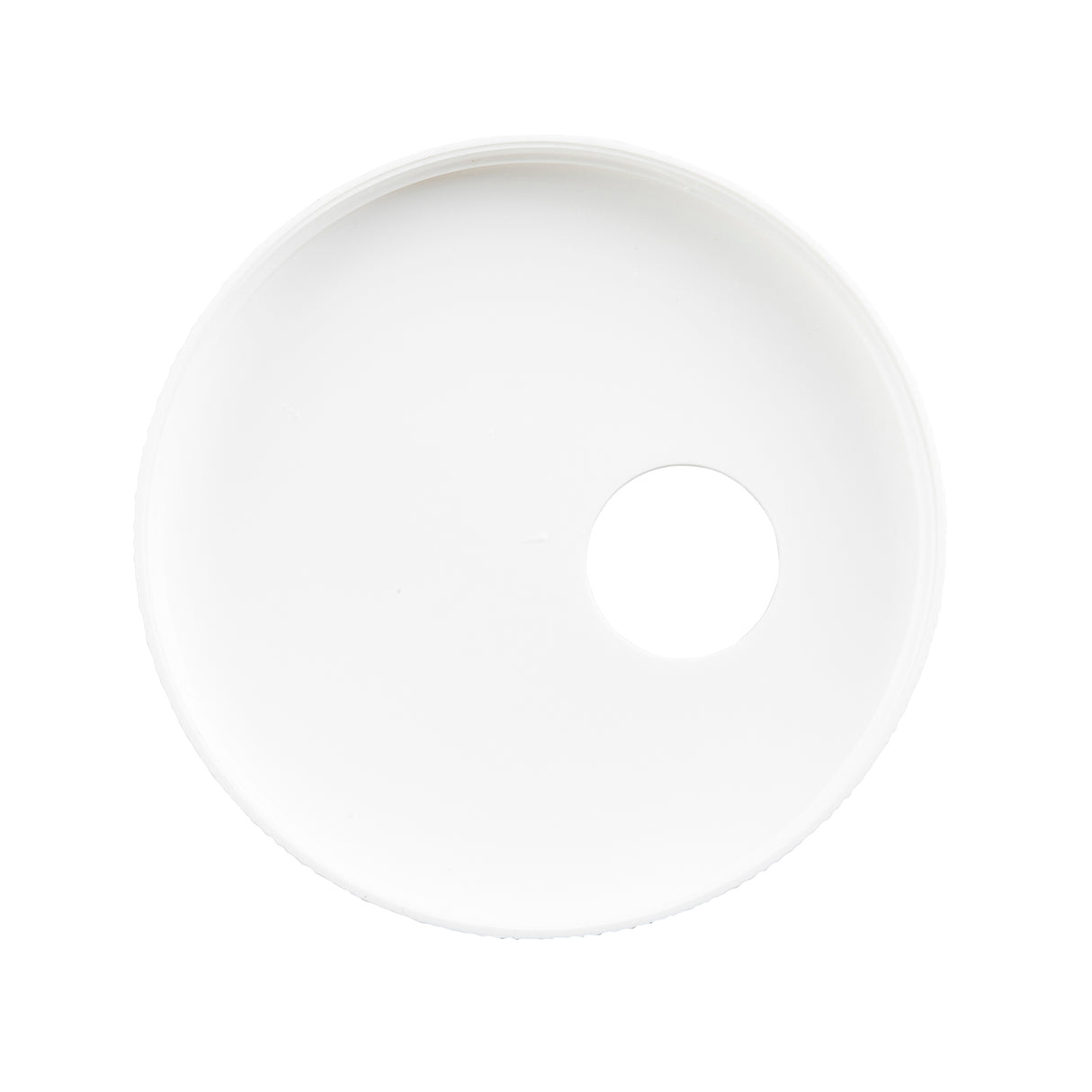 A round, white plastic Condiment Pump Cap by TableCraft Products is shown from above with a single circular hole near the edge. The smooth lid stands out against a plain white background and is dishwasher safe for easy cleaning.