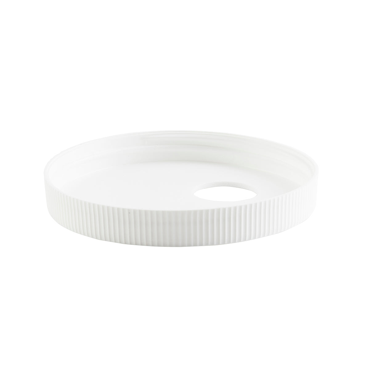 A white, round plastic lid with ribbed edges sits on a white background. This dishwasher safe Condiment Pump Cap from TableCraft Products features a single oval-shaped hole near the edge, possibly for drinking or pouring. The surface appears smooth and glossy.