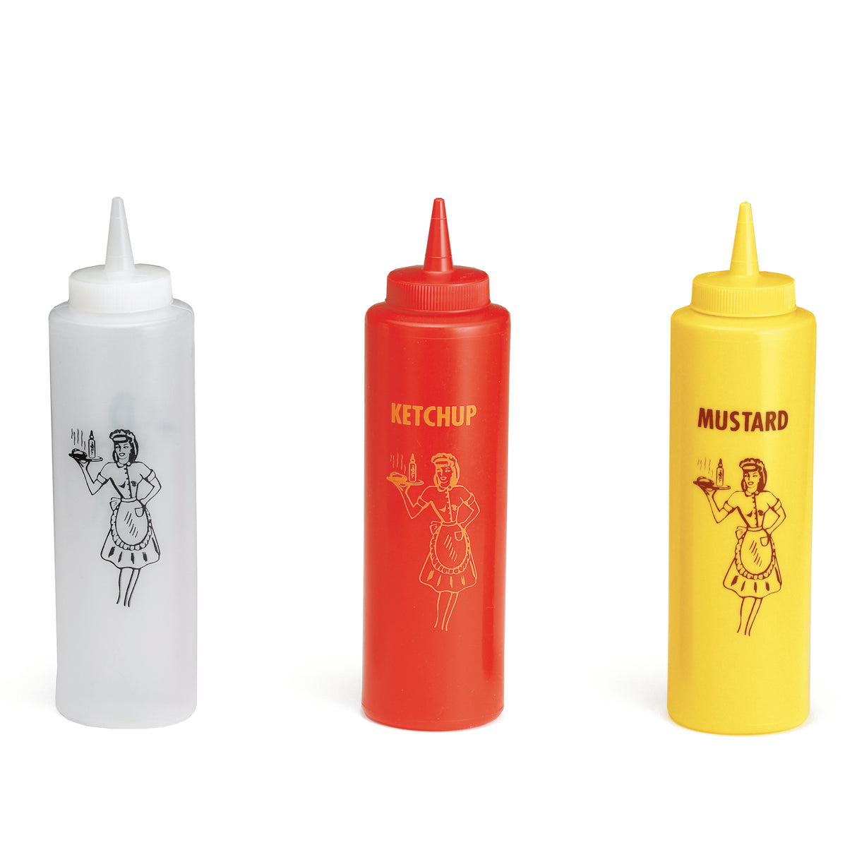 Three plastic squeeze bottles are lined up: a white, a red "KETCHUP," and a yellow "MUSTARD." Each features a black outline of a woman with a tray. This Nostalgia Squeeze Bottle Set is made in the USA and conveniently dishwasher safe.