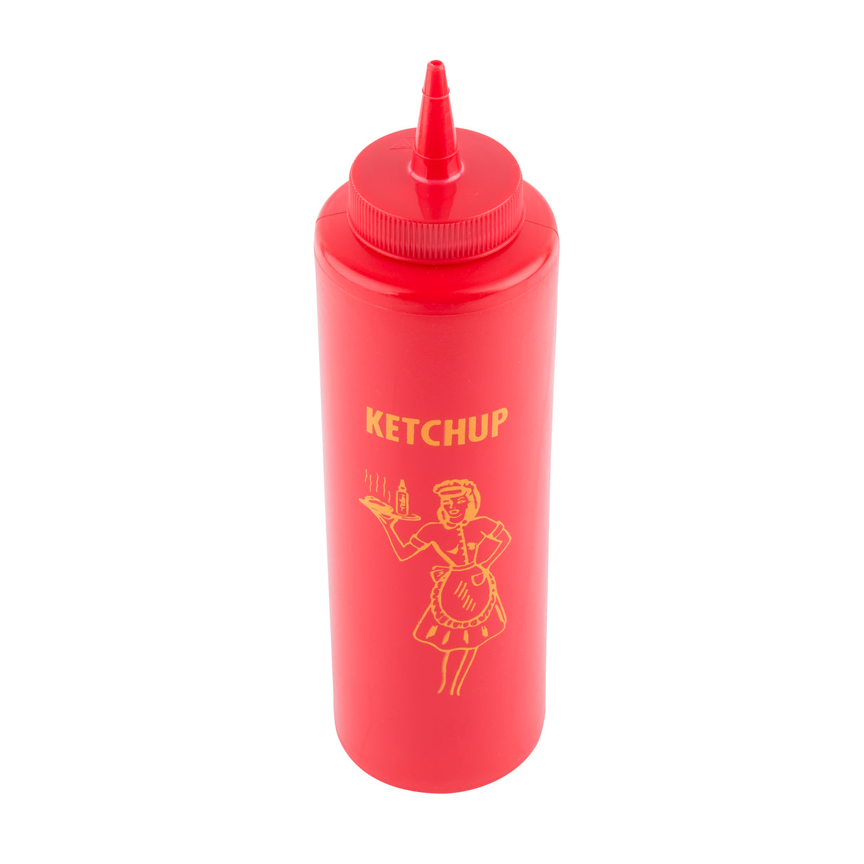 A red Nostalgia Squeeze Bottle with a pointed nozzle cap, labeled “KETCHUP” in yellow. The ketchup bottle features a yellow line drawing of a smiling woman in an apron holding a tray with a burger and drink. White background.