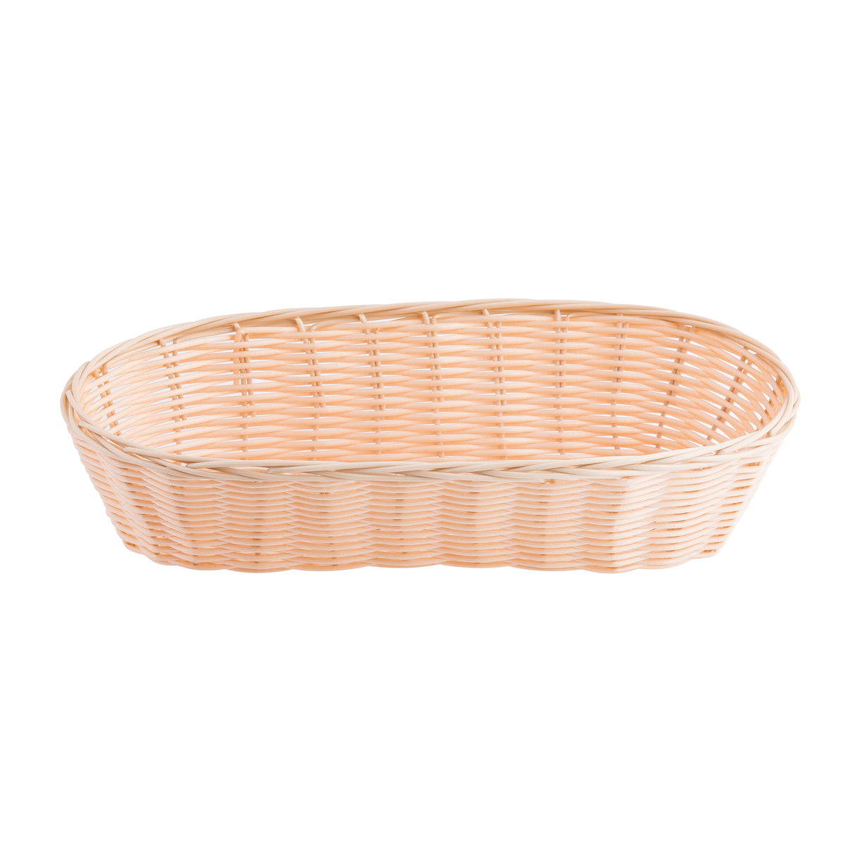 A light beige, oval-shaped hand-woven Basket with a woven pattern. The basket has low sides, a smooth rim, and is empty, shown against a plain white background.