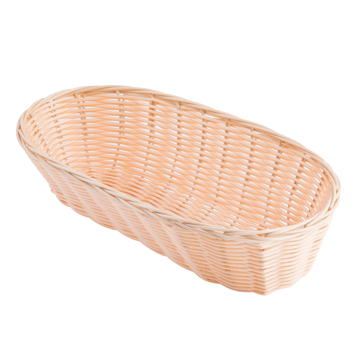 Oval-shaped, light beige hand-woven wicker basket with a tight, uniform weave. The basket has slightly raised sides and a smooth, rounded rim. It is empty and photographed on a white background, highlighting its texture and craftsmanship.