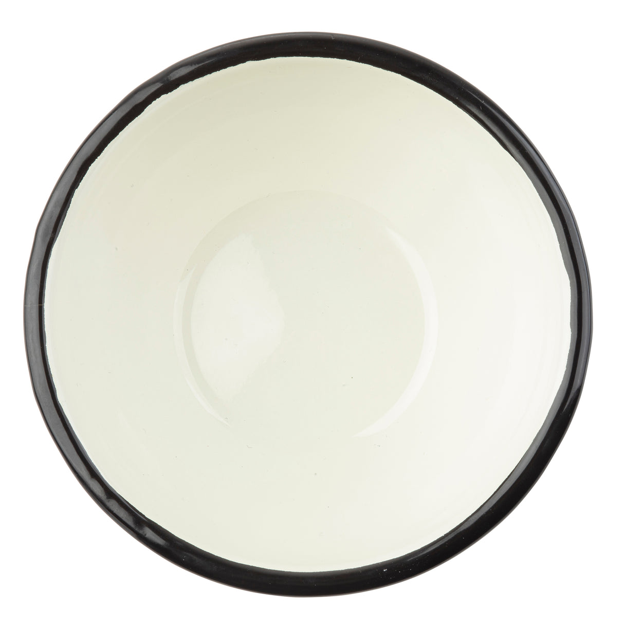 A top-down view of a simple, empty, round TableCraft 11152 enamelware bowl. The bowl is white with a glossy finish and a thick, dark rim, set against a white background with no visible patterns or decorations.
