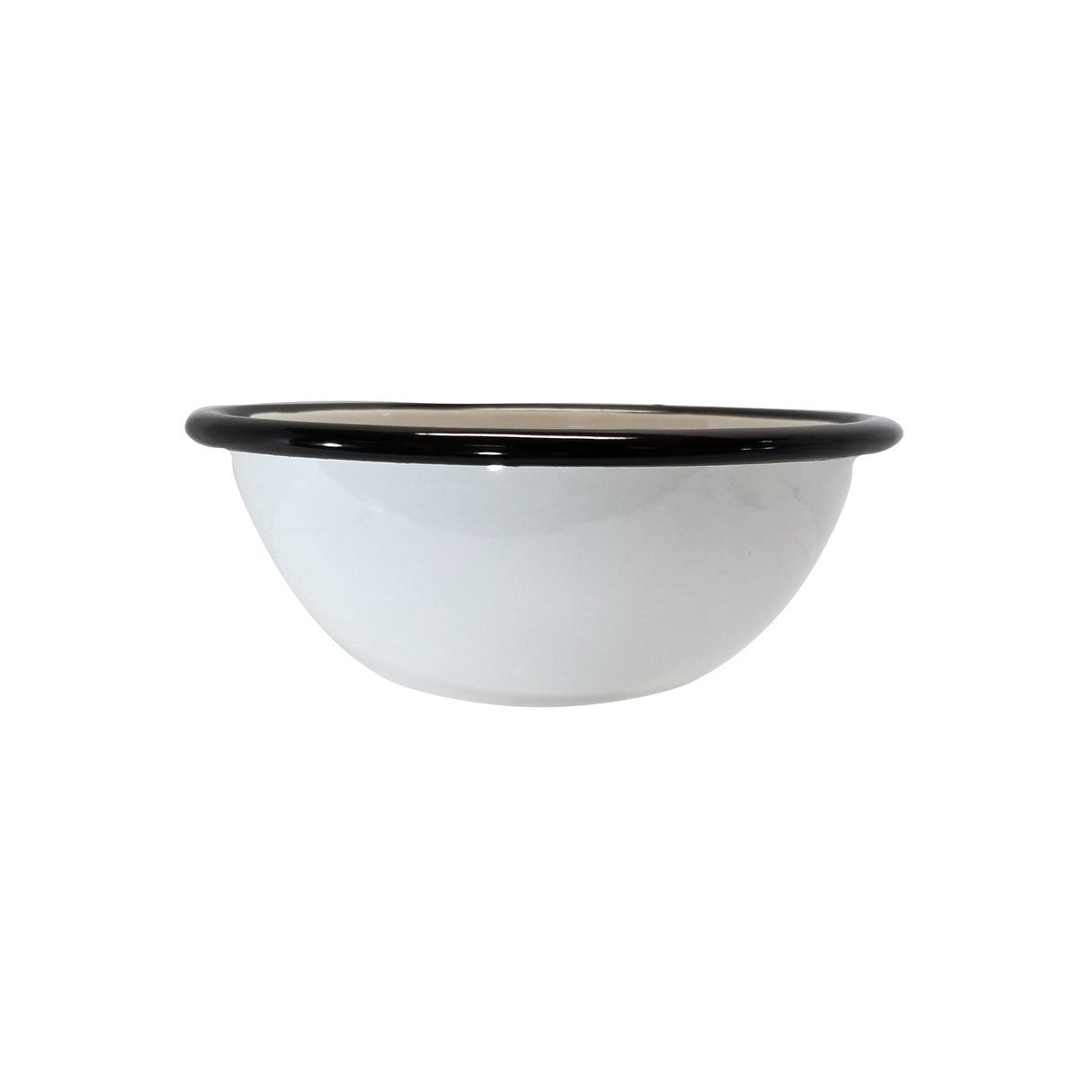 A white, round TableCraft 11152 enamelware bowl with a glossy finish and a slightly flared rim outlined in black. This porcelain enamel bowl is empty and sits on a plain white background, shown from a side angle.