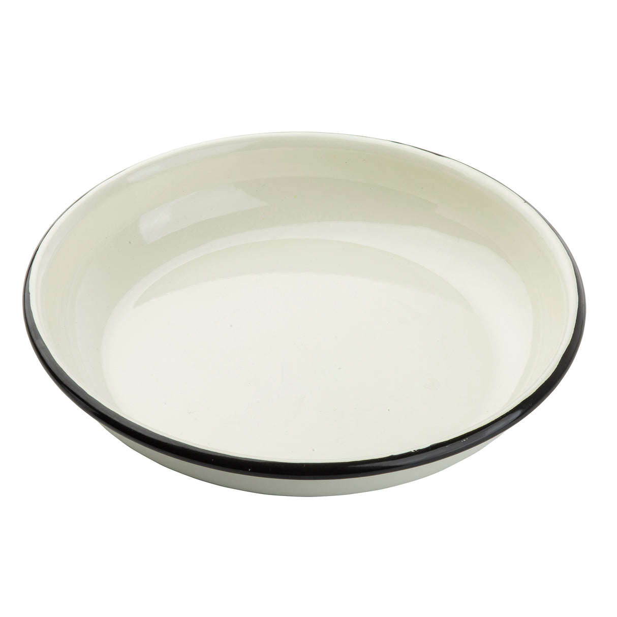 A shallow, round, white enamelware plate with a slightly raised rim and a thin black border along the edge, photographed on a plain white background. The glossy finish highlights this classic TableCraft Products design. The plate is empty.