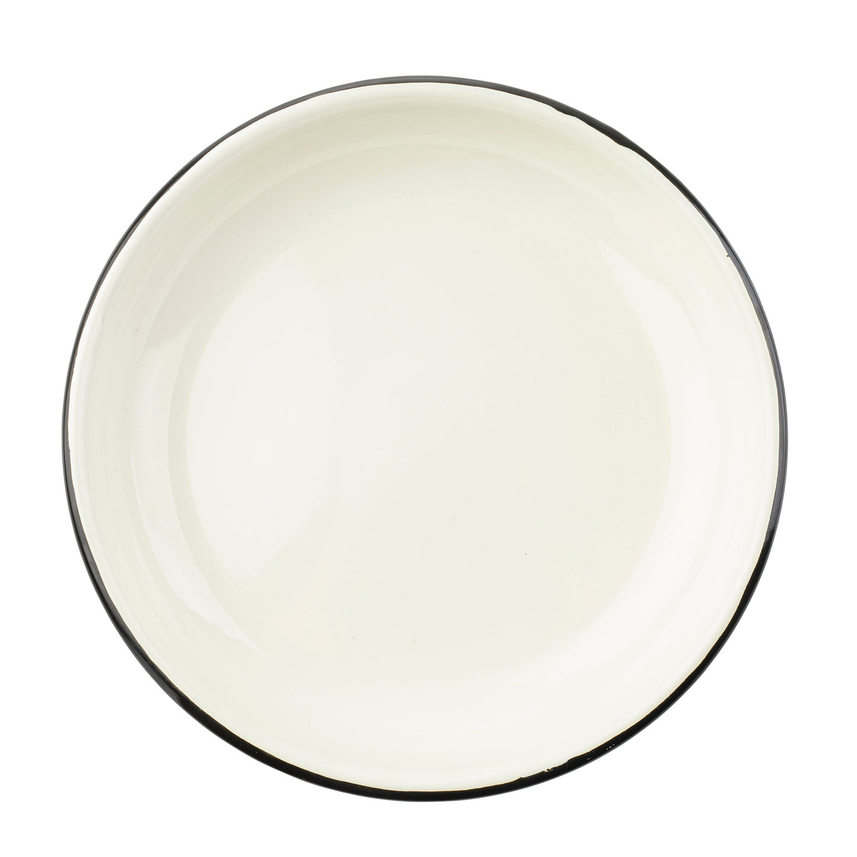 A top-down view of an empty, round, white TableCraft Products porcelain enamel plate with a thin black rim. The plate is centered on a plain white background and has a glossy finish that reflects some light.