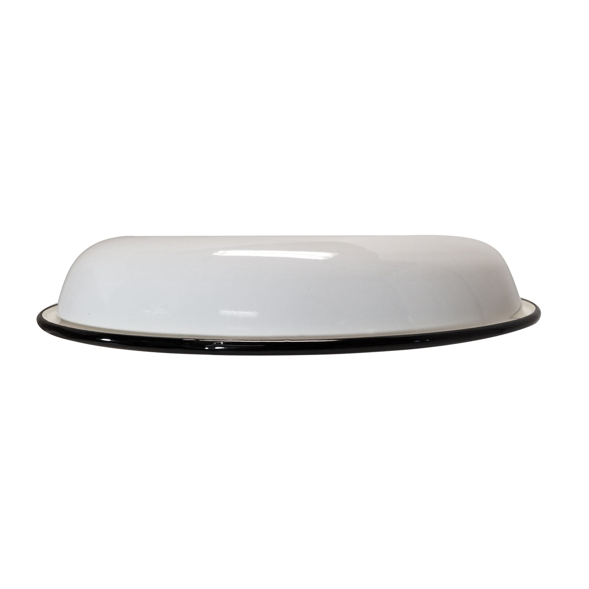 A white, shallow, round enamelware plate from TableCraft Products with a raised rim and thin black edge is shown upside down against a plain white background, highlighting its gently sloping dome-like shape.