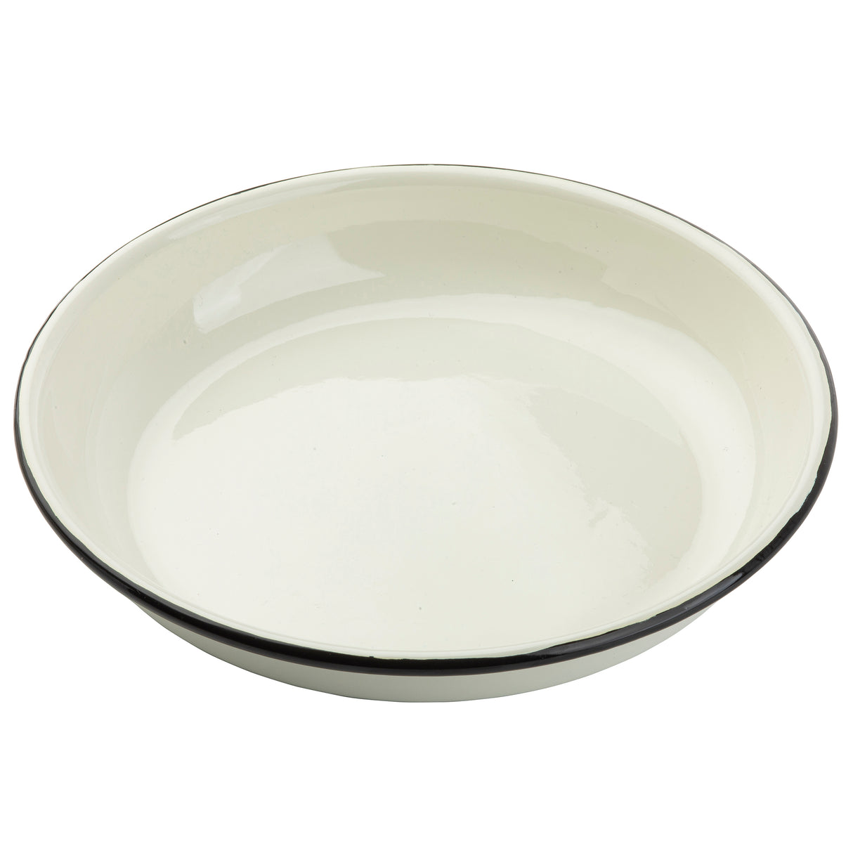 A simple, round, white Enamelware Pasta Plate with slightly raised edges and a thin black rim, photographed on a plain white background. The plate appears empty and clean, showcasing the classic style of vitreous porcelain enamel.