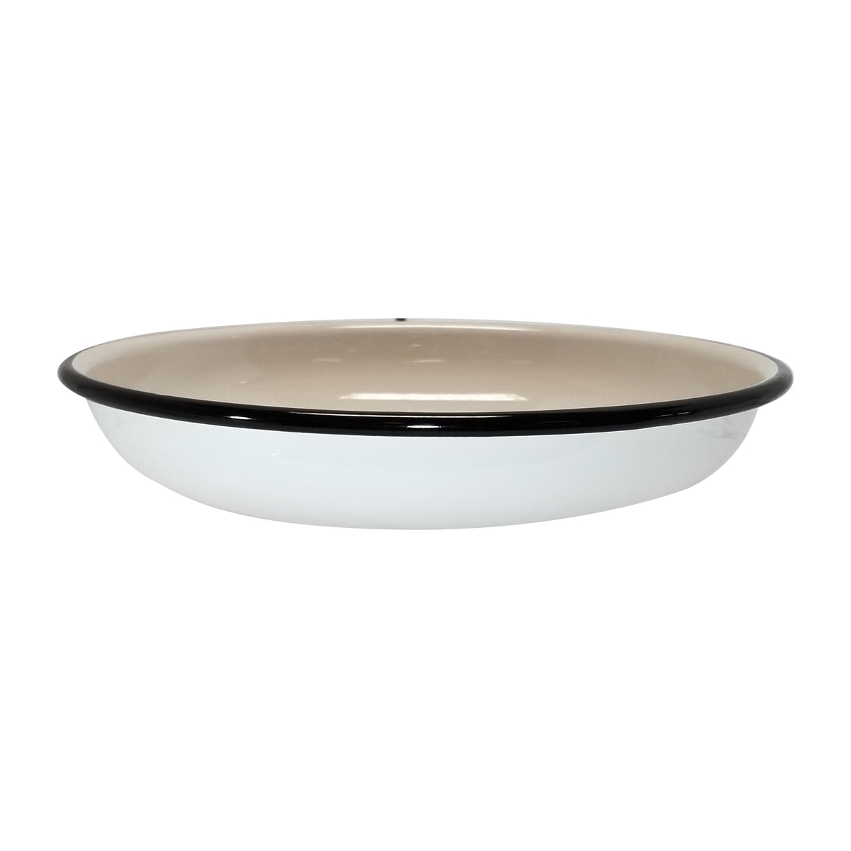 A shallow, round Enamelware Pasta Plate with a glossy white exterior, light brown interior, and thin black rim. Crafted from Vitreous Porcelain Enamel, this TableCraft 11155 bowl sits flat on a white background with a smooth, reflective surface.