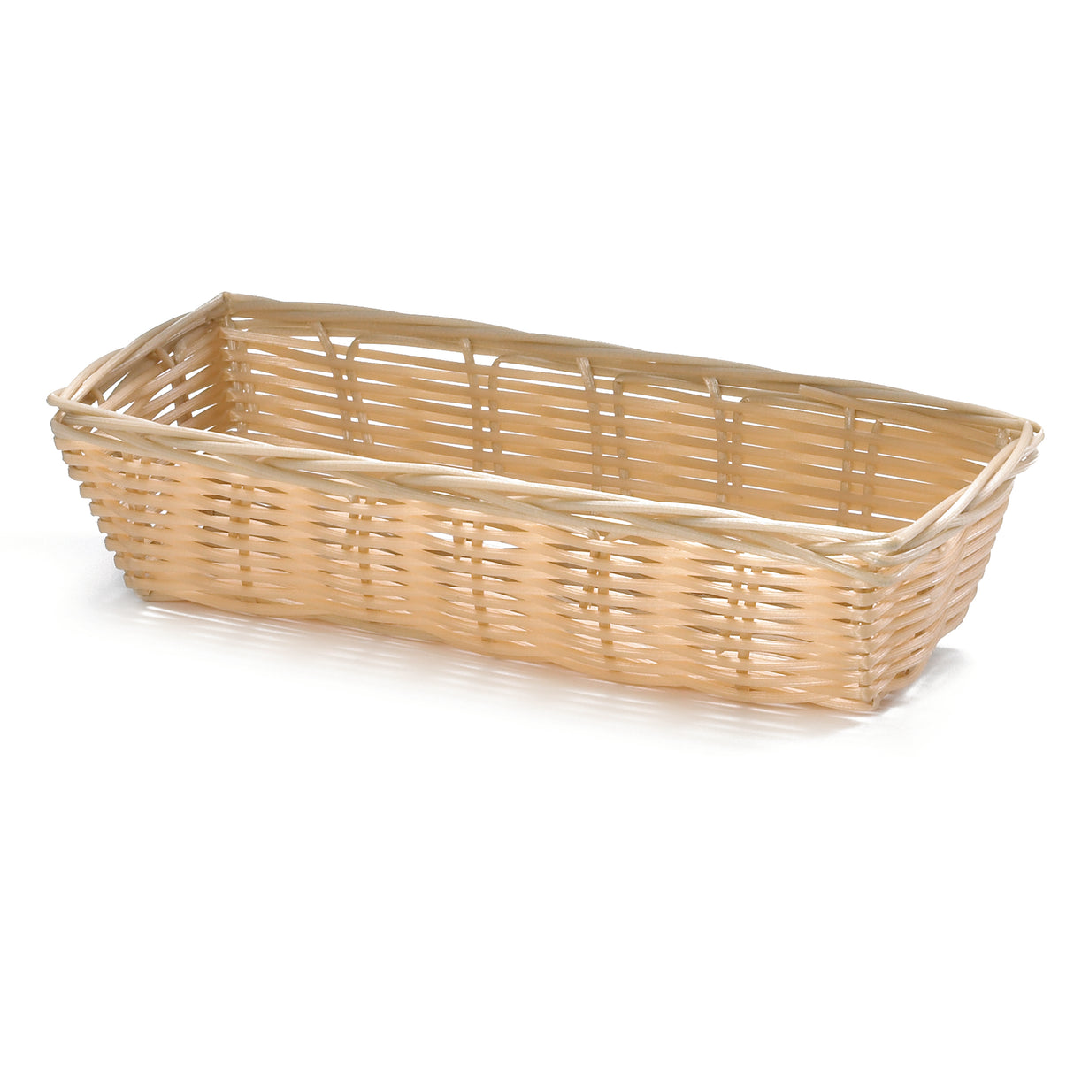 A rectangular, shallow hand-woven basket with a natural light tan color. Made from durable polypropylene, it features an open top, woven sides, and a flat base. The basket is empty and set against a plain white background.