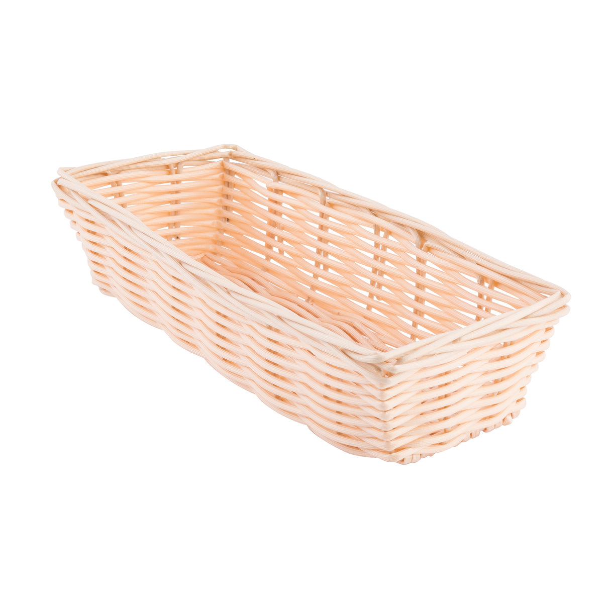 A rectangular, light-colored hand-woven basket is shown against a white background. The basket has an open top, a woven pattern of polypropylene, slightly outward-sloping sides, and no handles.