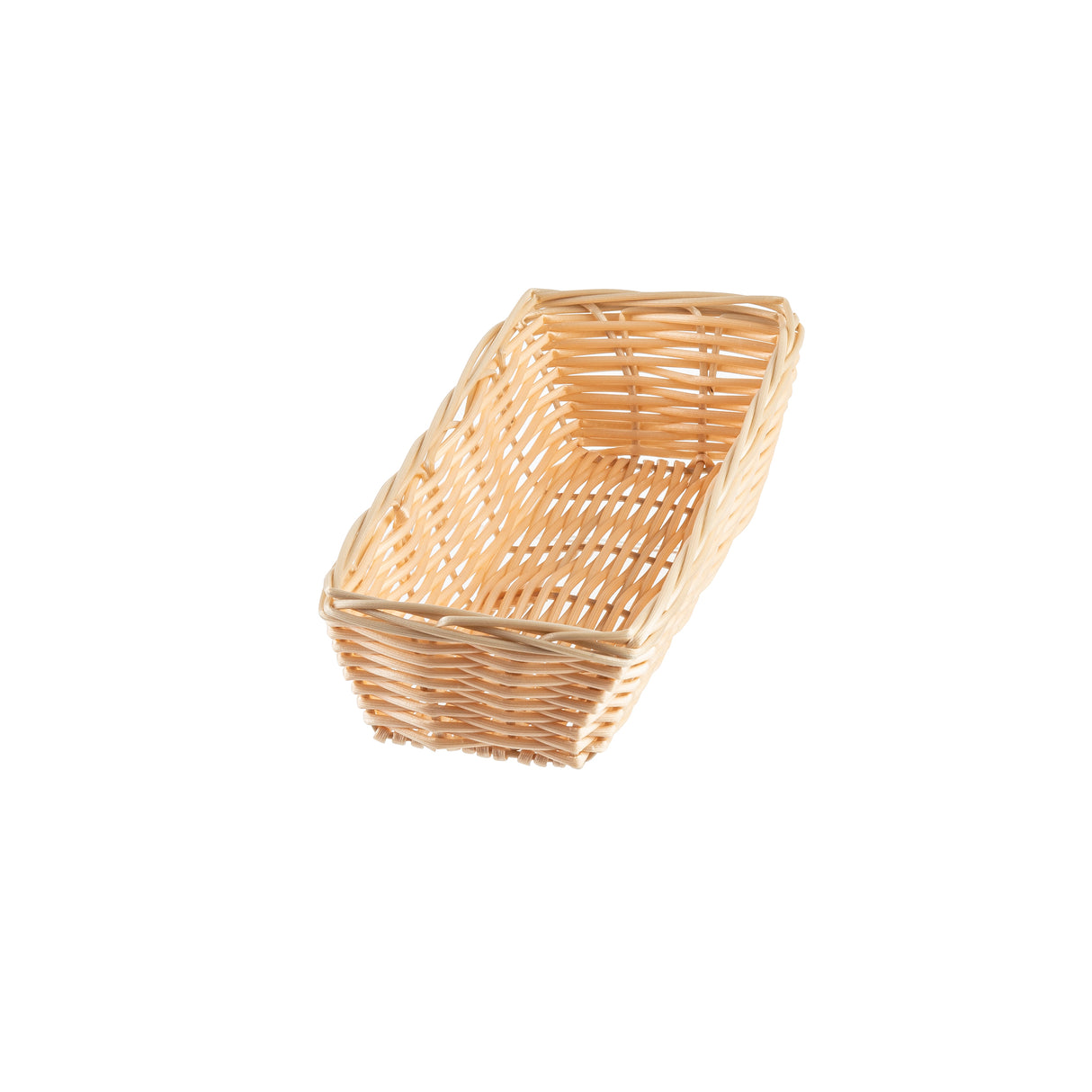 A rectangular, light brown hand-woven basket with an open top and woven sides and base is centered on a white background. The basket appears empty, highlighting its simple, natural woven texture and structure.