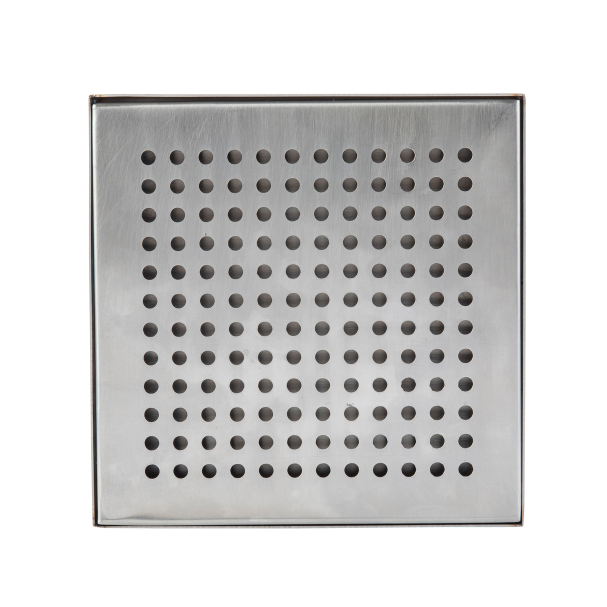 A square stainless steel drain cover, ideal for use as a drip tray, features evenly spaced round holes in a grid pattern. Its smooth, reflective surface is framed by a defined border, set against a plain white background.