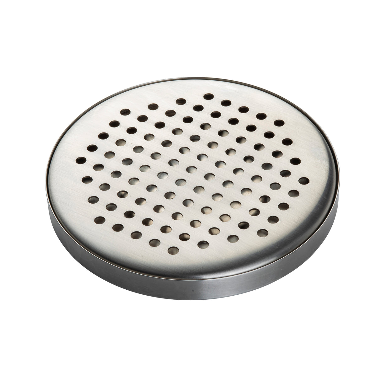 A round, stainless steel drain cover with a brushed finish, featuring a flat surface and evenly spaced circular holes in a grid pattern. The edge is slightly raised, forming a smooth rim around the perforated center—ideal as a TableCraft drip tray accessory.