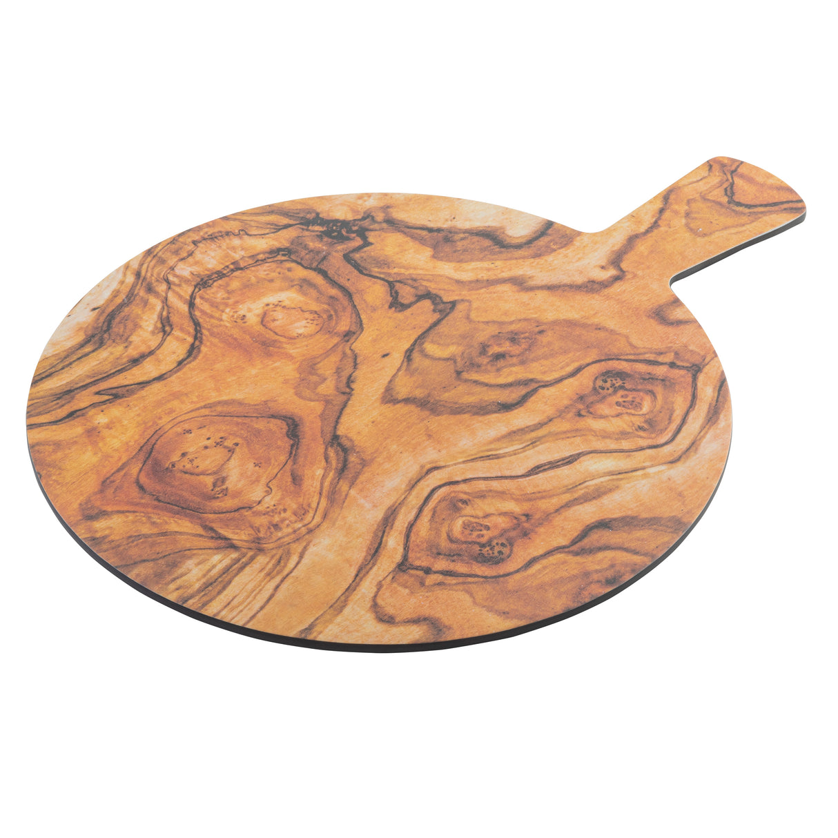 A round olive wood serving paddle with a short, flat handle, featuring a natural swirled wood grain in shades of brown and beige. The polished surface enhances its elegant look. The board is displayed on a white background.