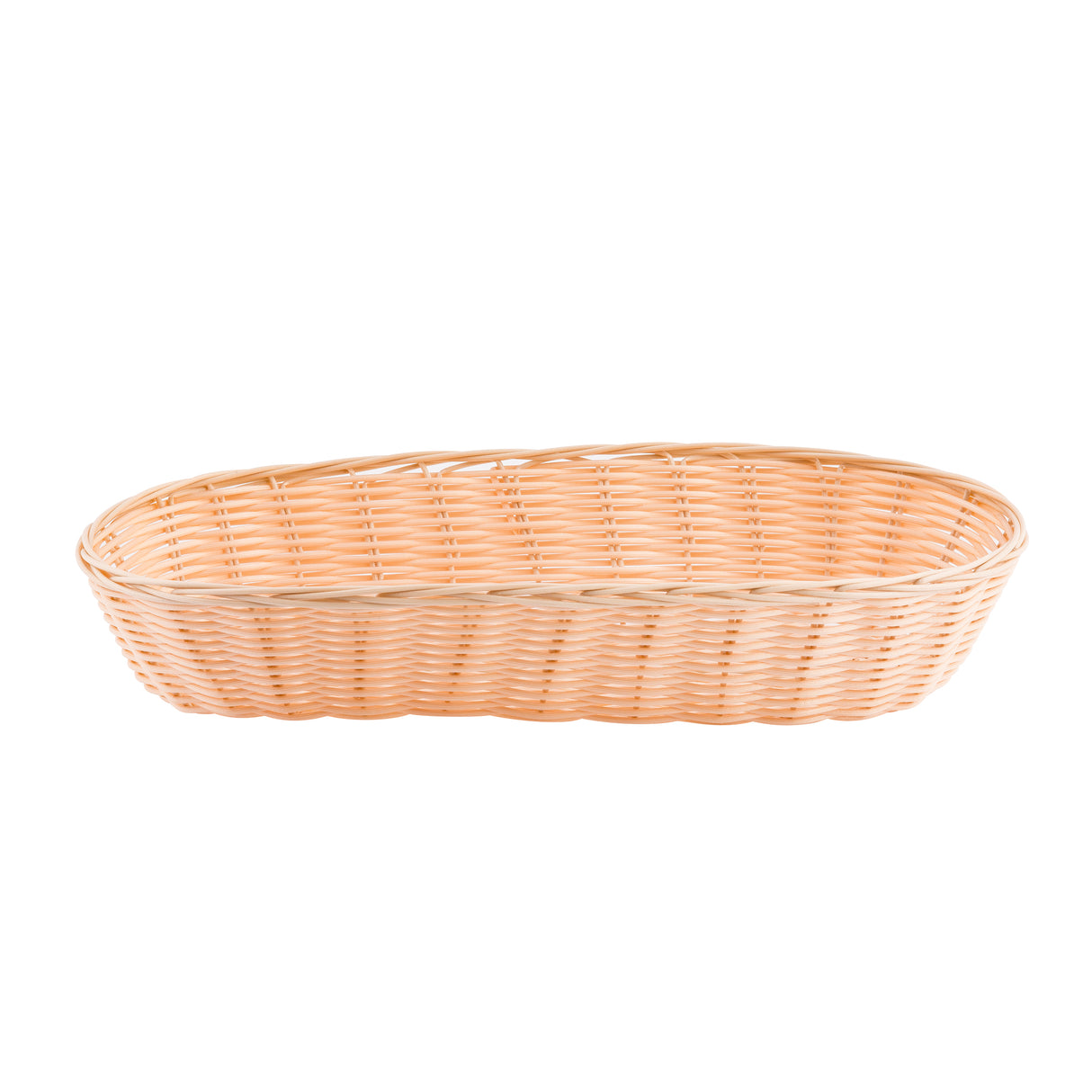 A light brown, oval-shaped hand-woven basket is shown against a plain white background. The basket has a shallow depth and a tightly woven pattern, with slightly raised sides and no handles or lid.