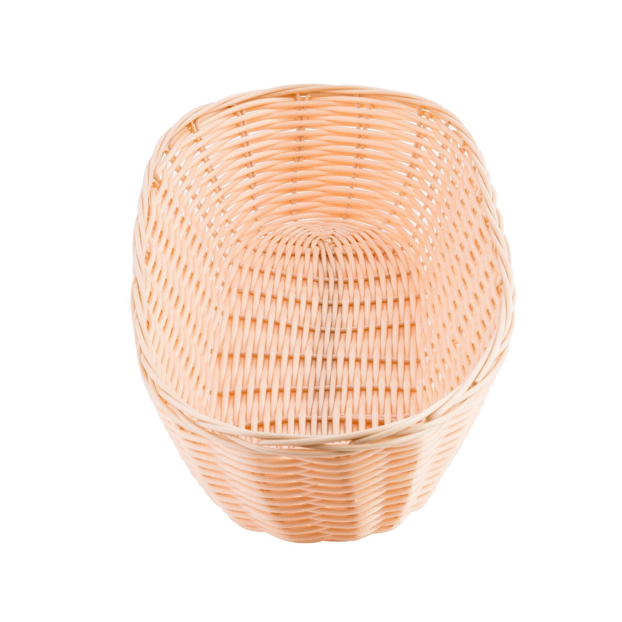 A light tan, hand-woven basket with a rounded rectangular shape and visible woven texture, shown from above on a white background.