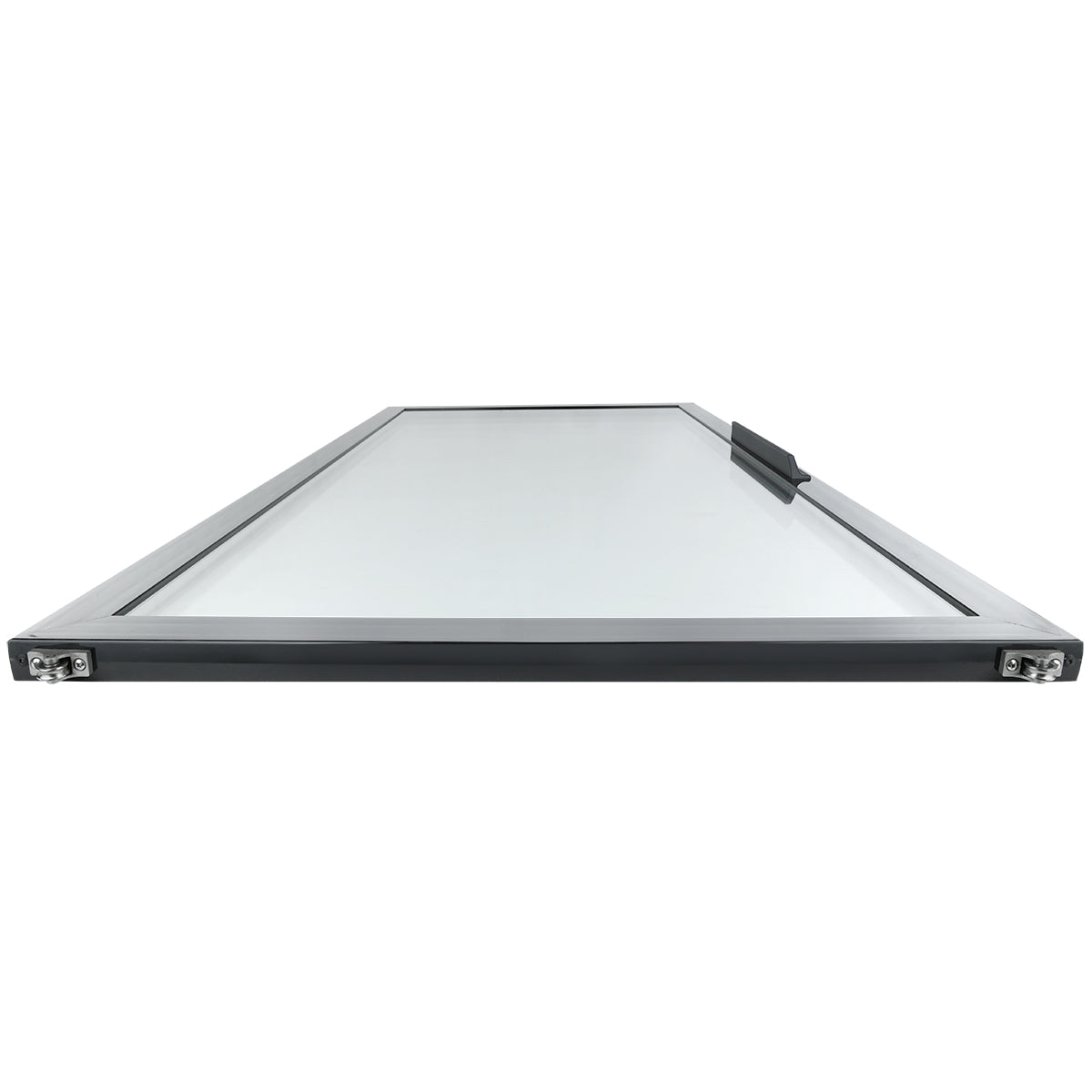 A flat, rectangular glass panel with a black metal frame viewed from a low angle, featuring metal brackets on both front corners and a black handle or latch. This Door Right panel is compatible with select Empura Refrigeration units. Background is plain white.