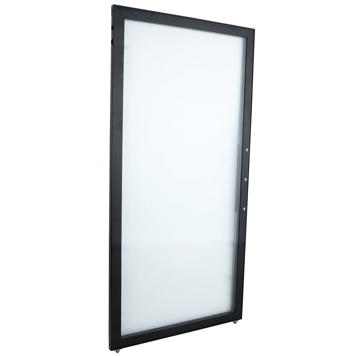 A black-framed rectangular glass door (left) is shown standing upright against a white background. The transparent panel features hardware holes along one side for handles or locks, suitable as an Empura Refrigeration replacement or other Empura parts.