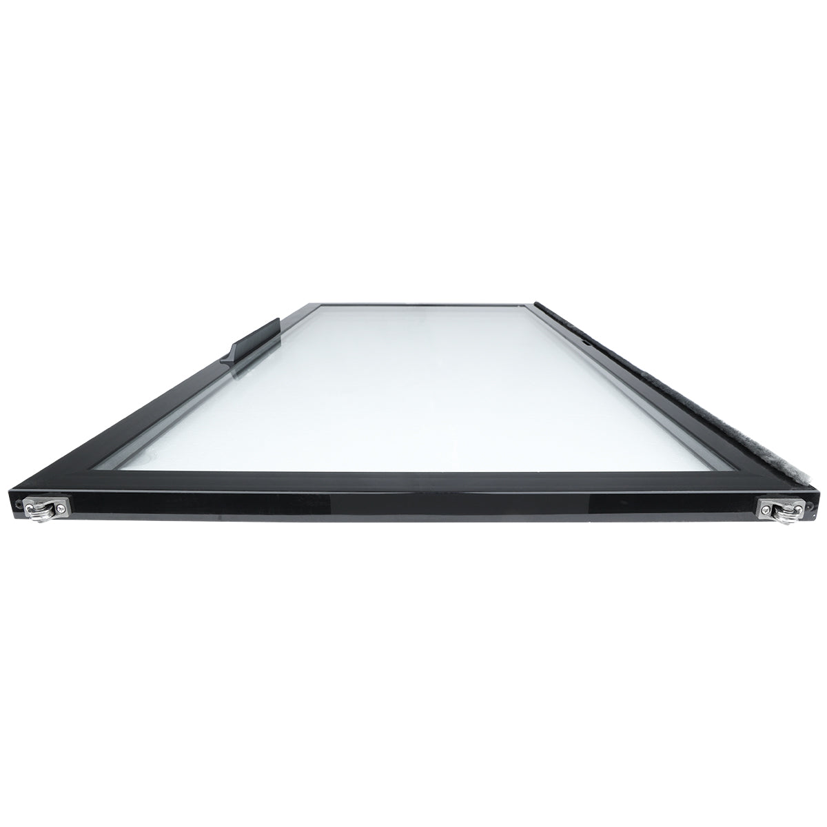 A rectangular glass panel with a black metal frame, part of Empura Refrigeration, is shown horizontally laid flat. The image is taken from a low angle by one short edge, highlighting the sturdy frame and small metal brackets at each front corner.