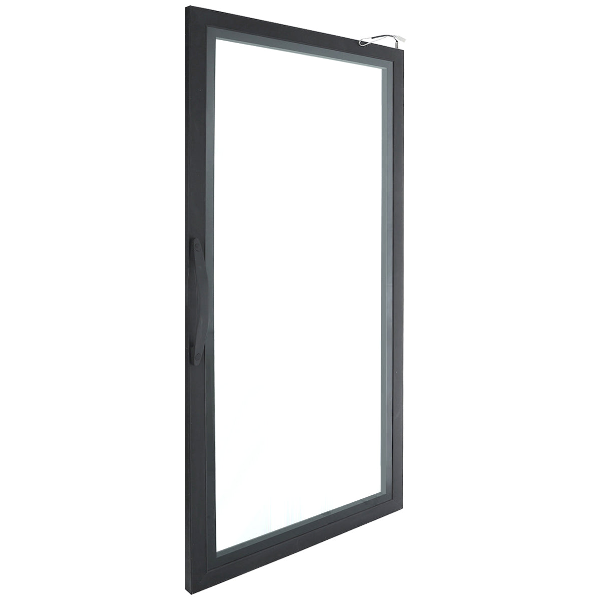 A single glass window with a dark, rectangular frame is shown slightly open, similar to a Door (Middle) in Empura Refrigeration units. The window is angled, revealing a handle on the left side and a latch at the top right against a plain white background.