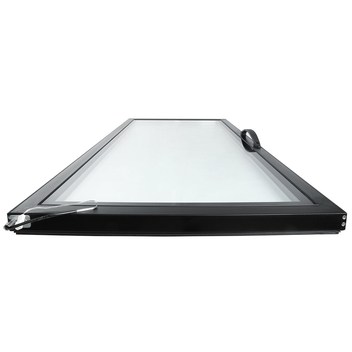 A rectangular, black-framed glass window from Empura Refrigeration is shown lying flat. The Door (Middle) features a metal latch handle on the left and a black pull handle on the right, with clear glass viewed from a low, front-facing angle.