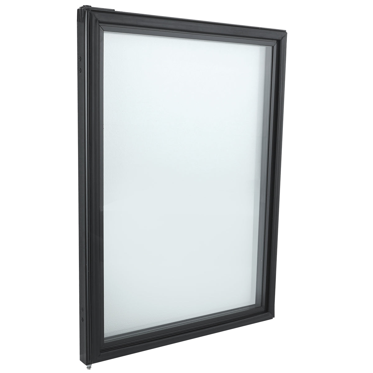A single black-framed window with clear glass, shown upright at a slight angle against a white background. The modern, slim rectangular design resembles the style of an Empura Refrigeration Door Right, with no visible hardware.