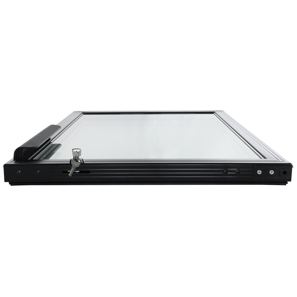 A black-framed glass panel window or door—possibly an Empura Refrigeration unit—is shown lying flat, viewed from the bottom edge. The frame has a handle on the left and a metal lock with key; the reflective surface sits against a plain white background.
