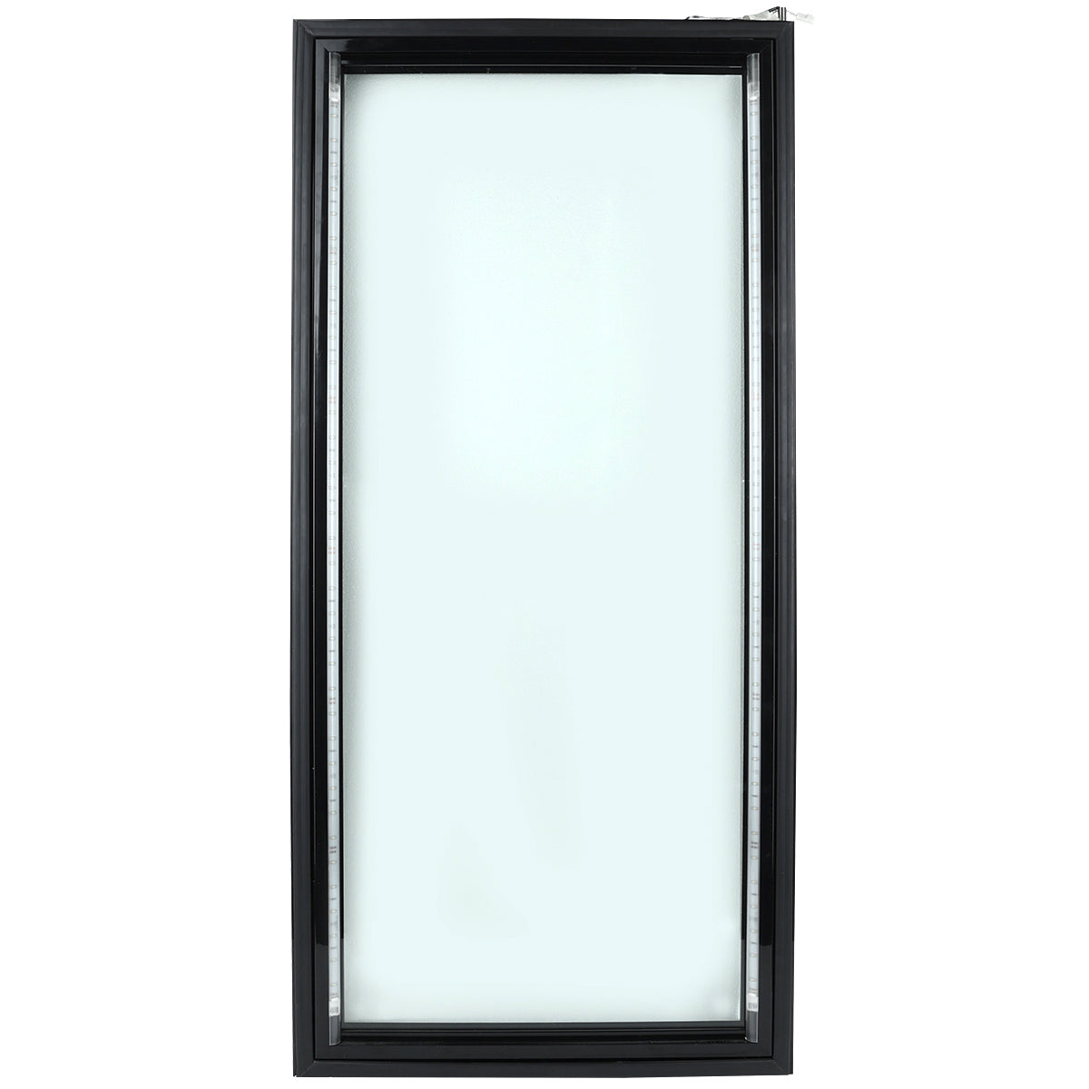 A tall, rectangular window with a black frame, viewed from the front. Reminiscent of an Empura Door from Empura Refrigerations EGM-50W line, its frosted glass and clean lines create a modern, simple design with no visible handles or decorations.