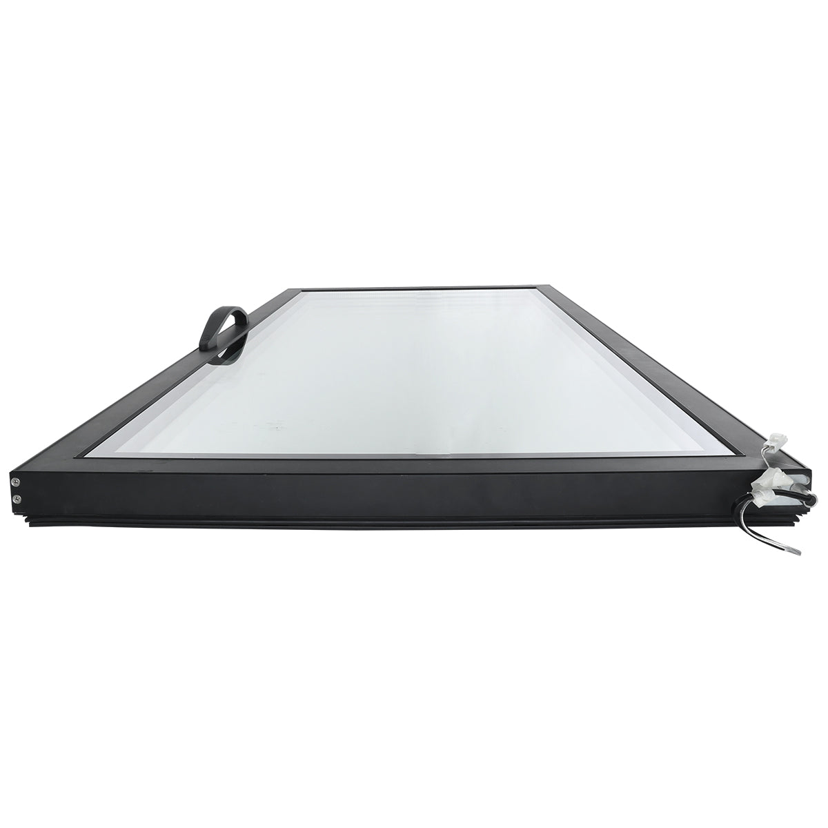 A flat rectangular EGM-50W solar panel with a black frame, photographed from a low angle at one end. The panel has a glass surface, a metal handle on the left, and two electrical cables protruding from the right corner. Background is plain white.