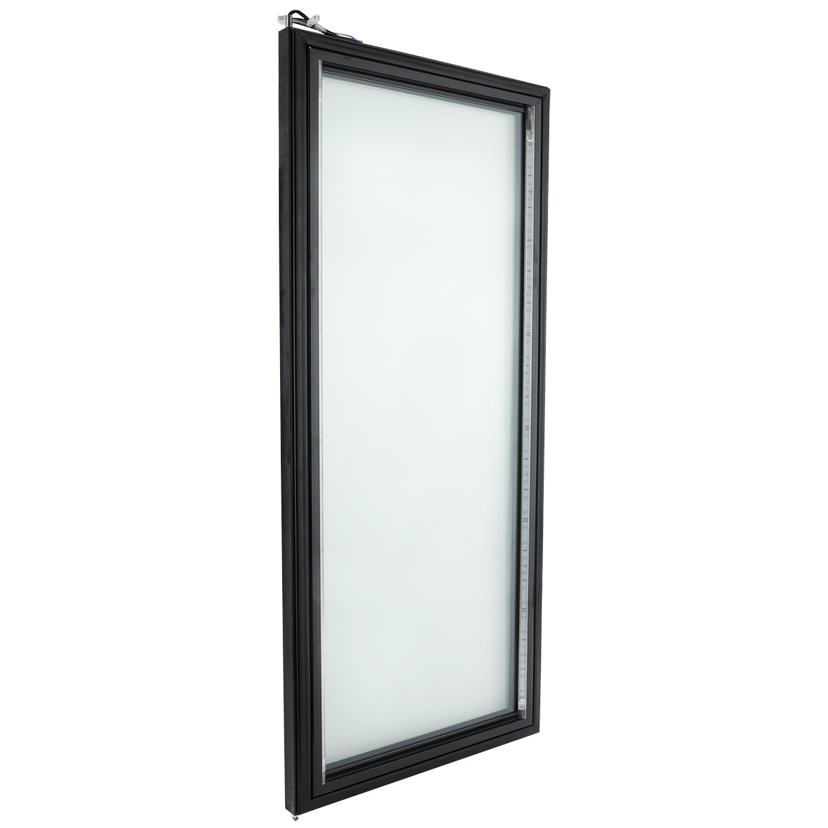 A photo of a rectangular, vertically oriented glass door with a black frame, similar to those found on Empura Refrigeration units. The frosted or opaque pane obscures visibility, and the angle highlights the frame’s thickness and depth.