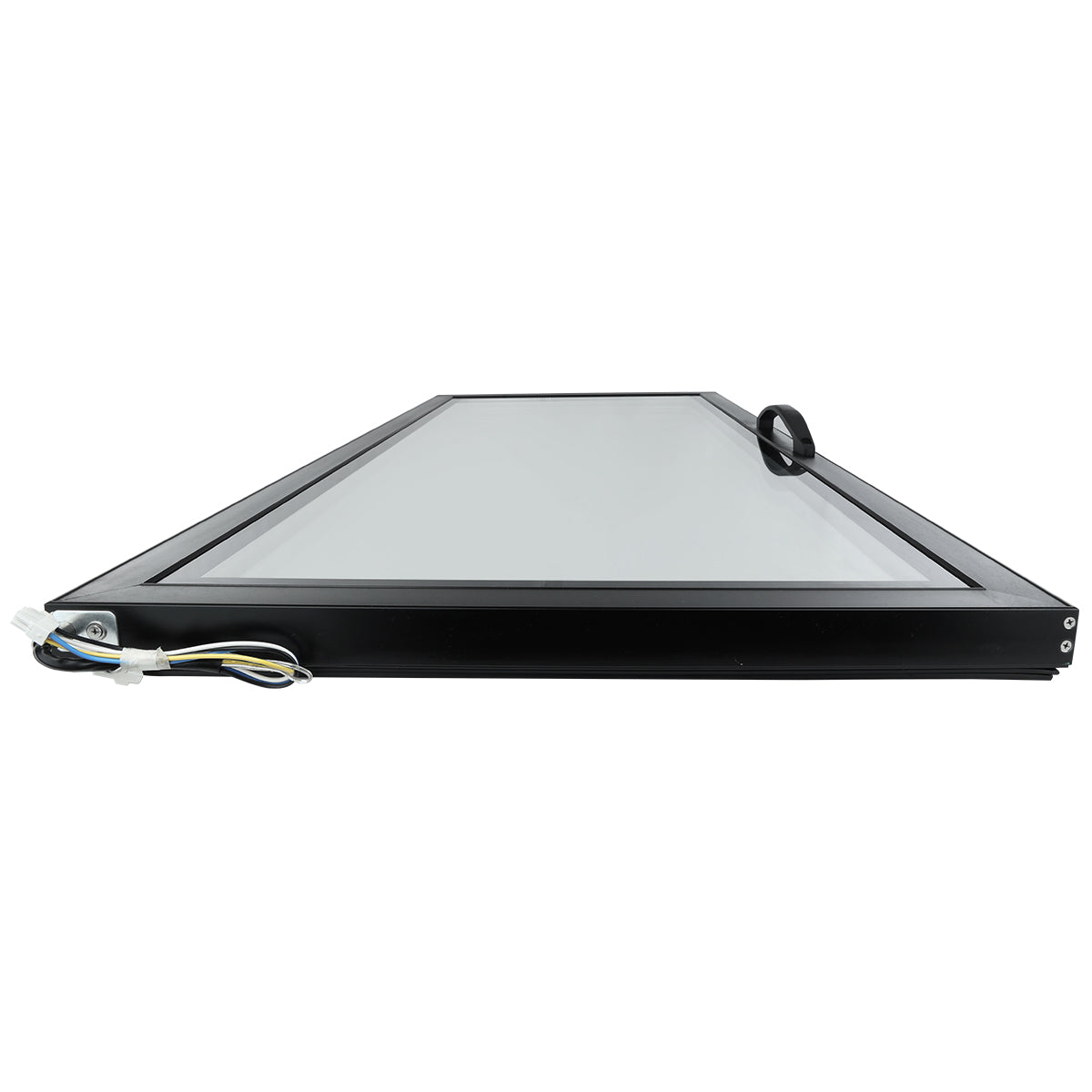 A rectangular Empura Refrigeration device viewed from a low side angle, showing a flat glass door surface with a black frame. Wires with connectors extend from the left side, and a circular black loop is attached on top. The background is plain white.