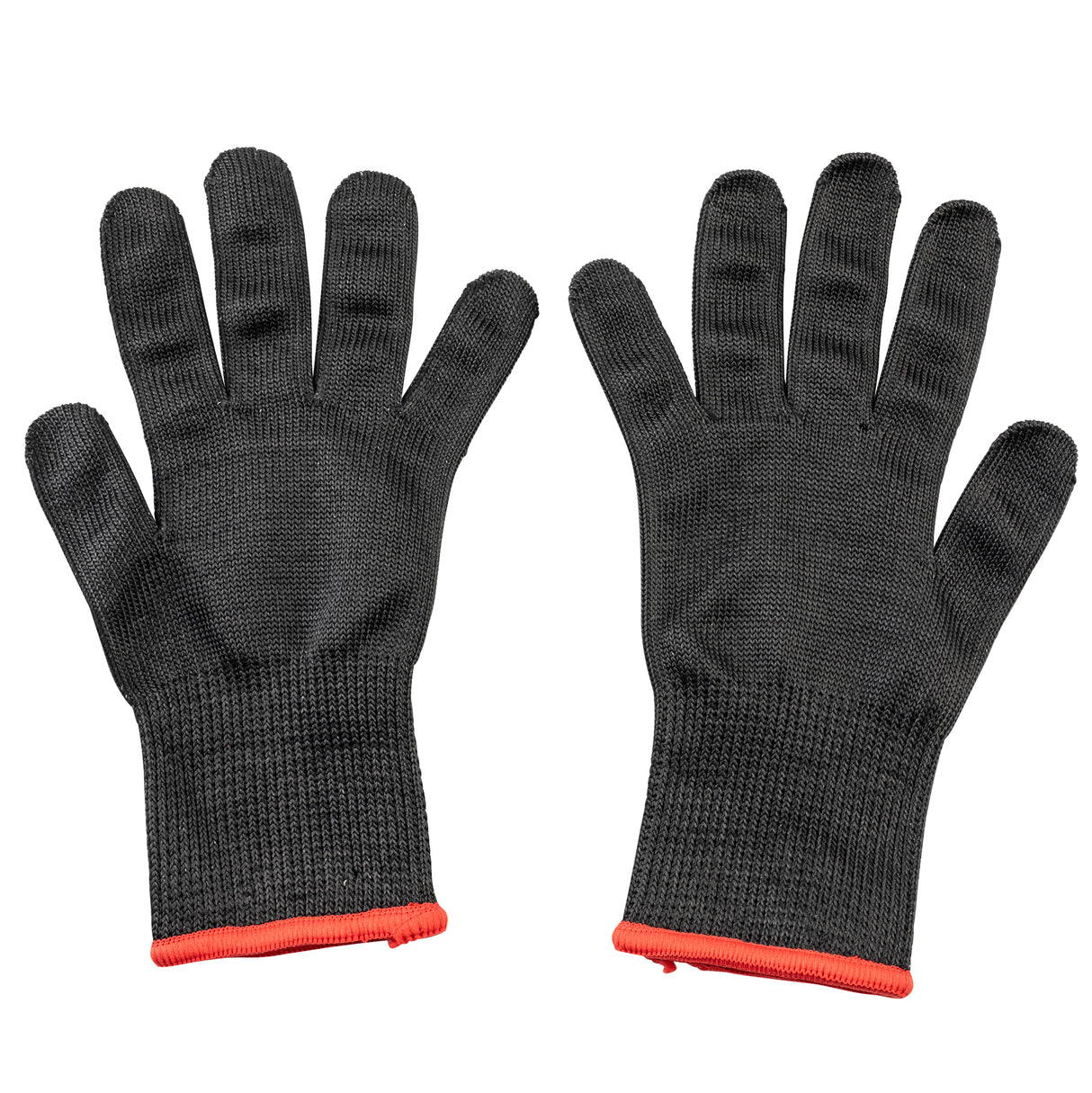 A pair of black, textured, knit Cut Resistant Gloves with orange trim at the cuffs, laid flat with palms facing up on a white background. The gloves appear thick and durable, ideal for protection during manual work or handling rough materials.