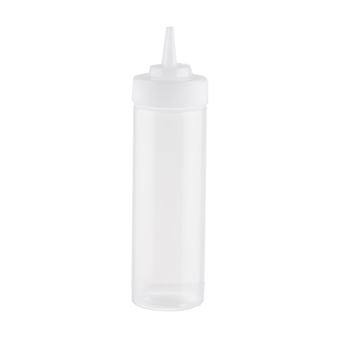 A clear, empty 12 oz WideMouth Squeeze Bottle with a white cone-shaped nozzle and matching screw-on cap stands upright on a white background. This cylindrical, translucent bottle is dishwasher safe and commonly used for sauces or condiments.
