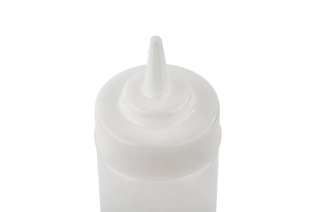 Close-up of the top of a WideMouth Squeeze Bottle with a pointed nozzle cap, commonly used for dispensing condiments, sauces, or dressings. Dishwasher safe and NSF certified; background is plain white.