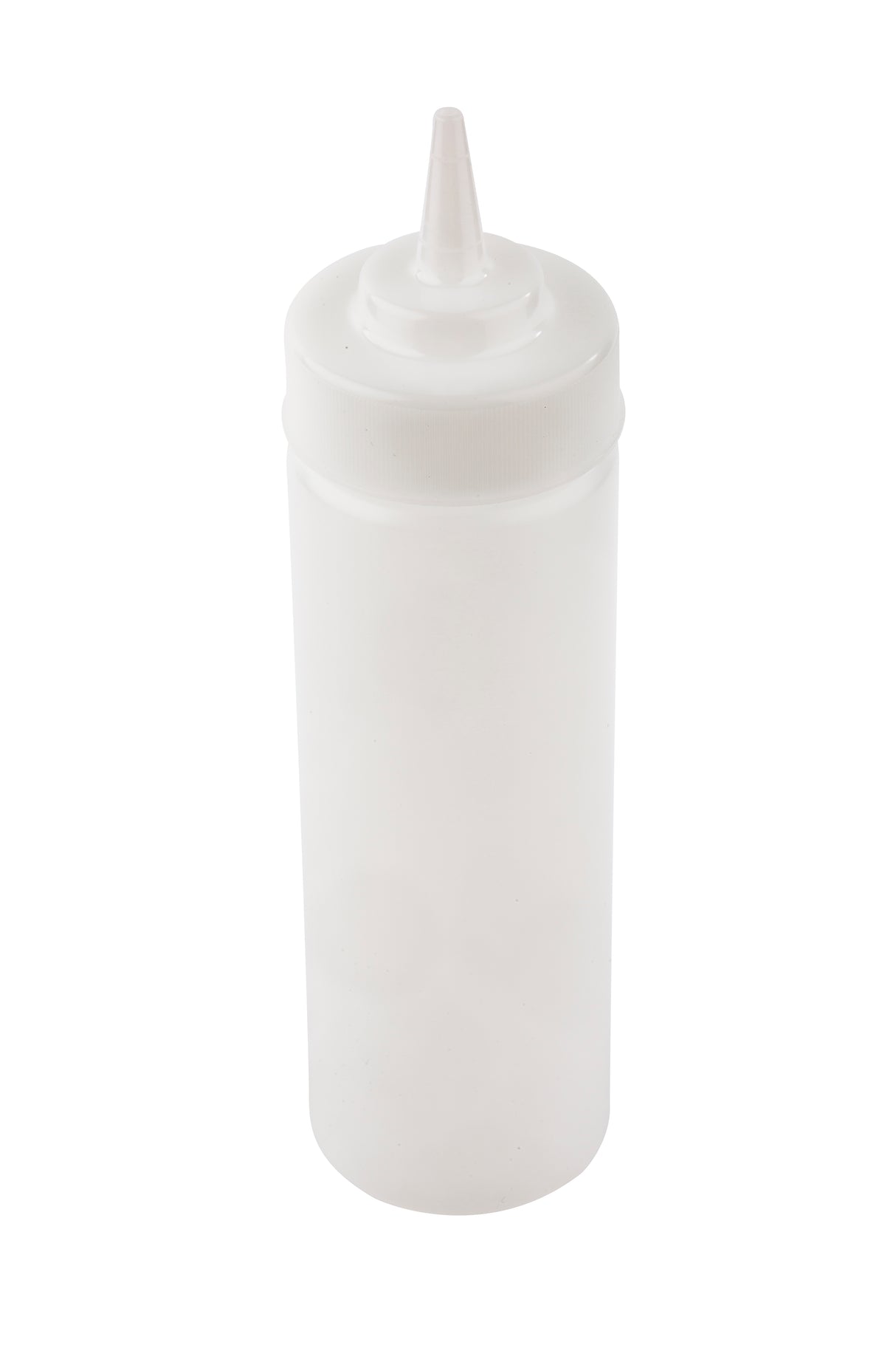 A clear, empty WideMouth Squeeze Bottle with a cylindrical shape, pointed nozzle tip, and screw-on cap. Dishwasher safe and NSF certified, it’s ideal for dispensing condiments or sauces in kitchens or restaurants.